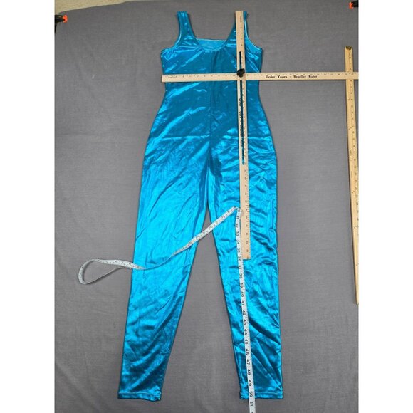 Vintage 80s Shiny Blue One-Piece Full Body Unitard Leotard Jumpsuit Medium - Picture 3 of 3